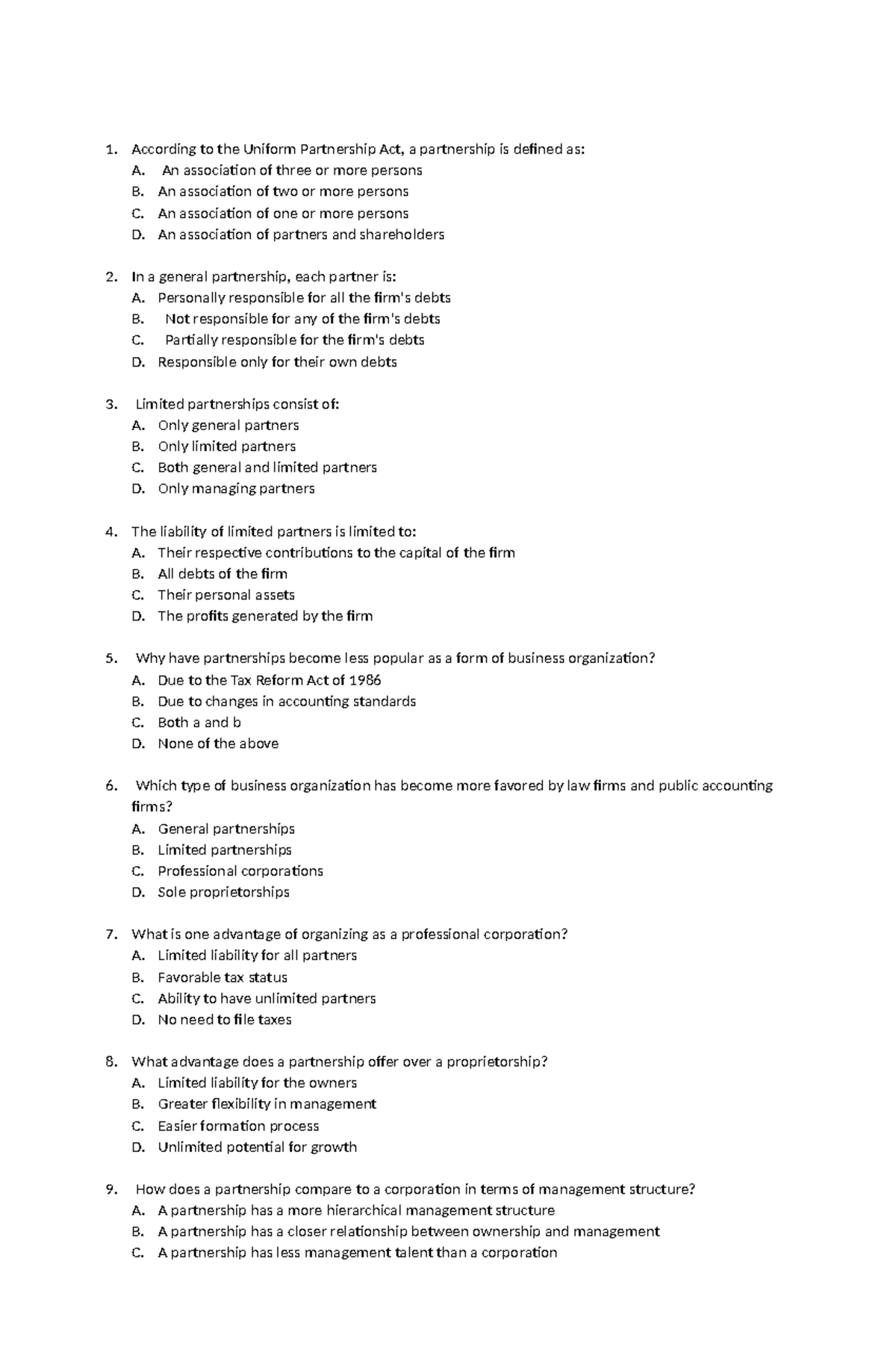 Partnership quiz - ADV AUD Chapter 40 QUIZ - According to the Uniform ...