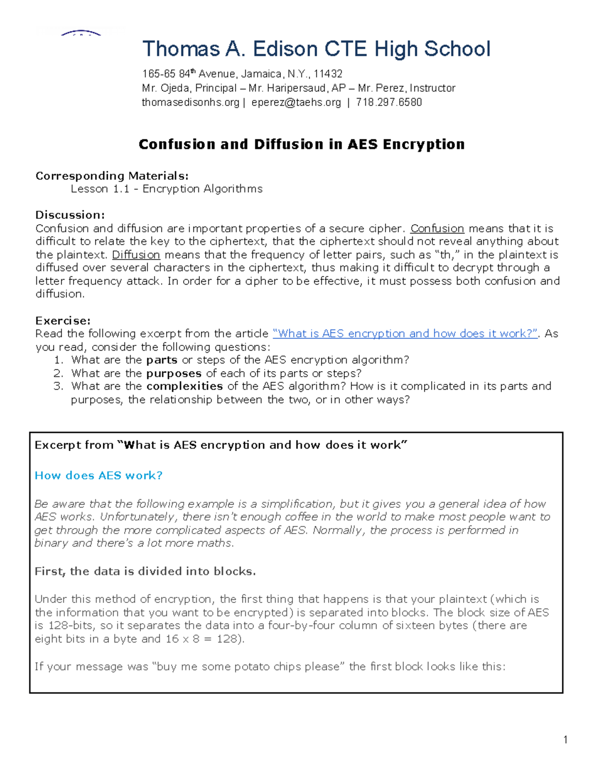 Confusion and Diffusion in AES Encryption (Student) - 165-65 84th ...