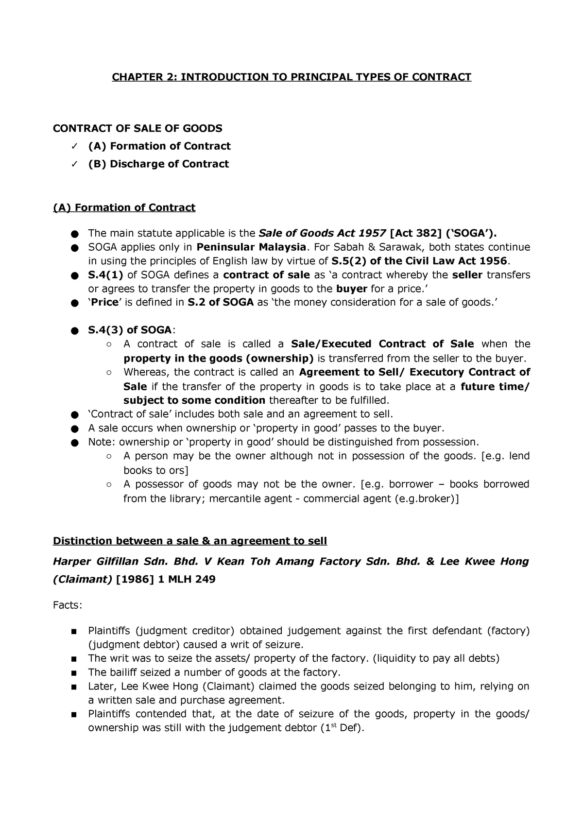 Contract Of Sale Of Goods Chapter 2 Introduction To Principal Types Of Contract Contract Of Sale Studocu