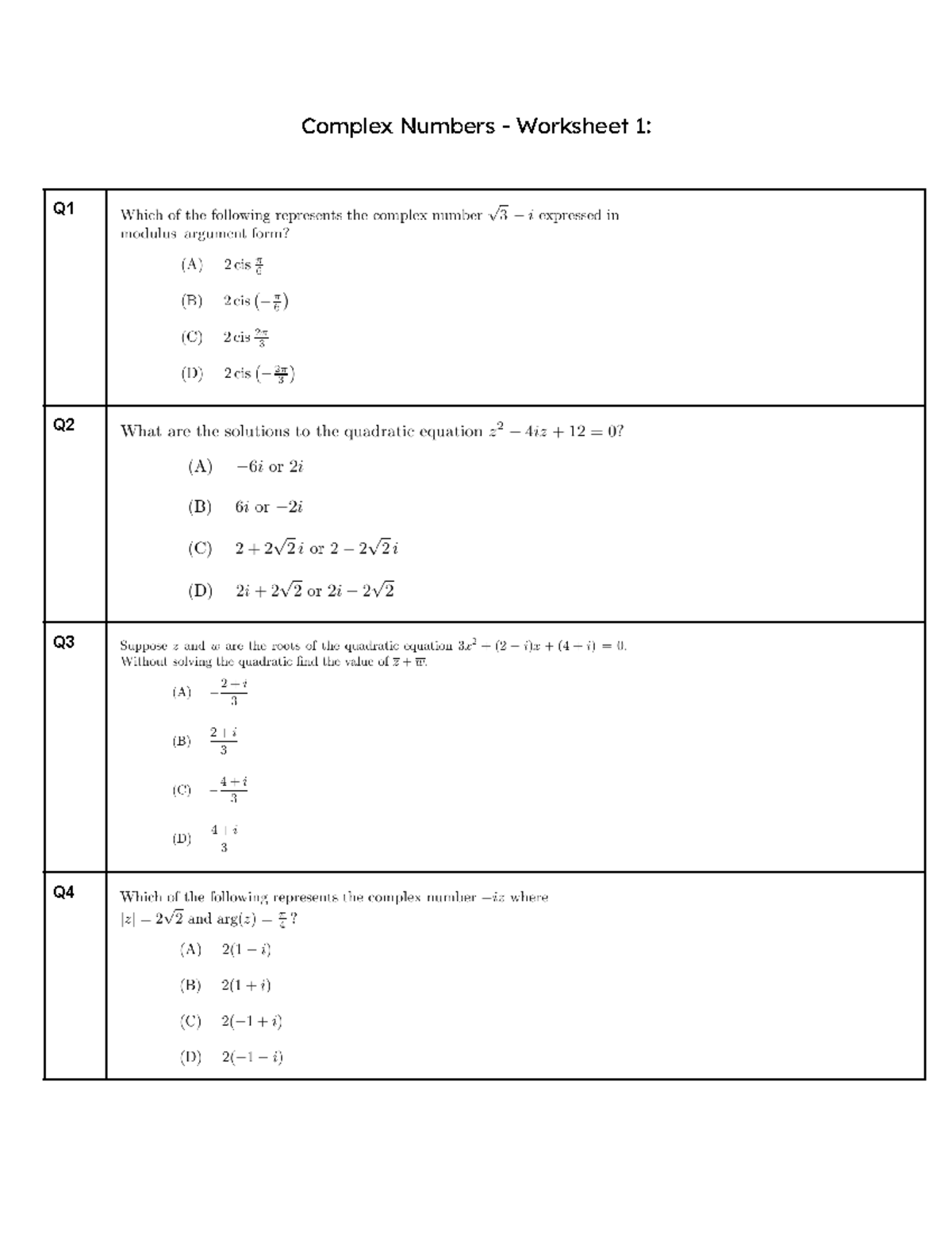 Complex WS 1 - Complex Numbers - Worksheet 1: Q Q Q Q Q Q Q Q - Studocu