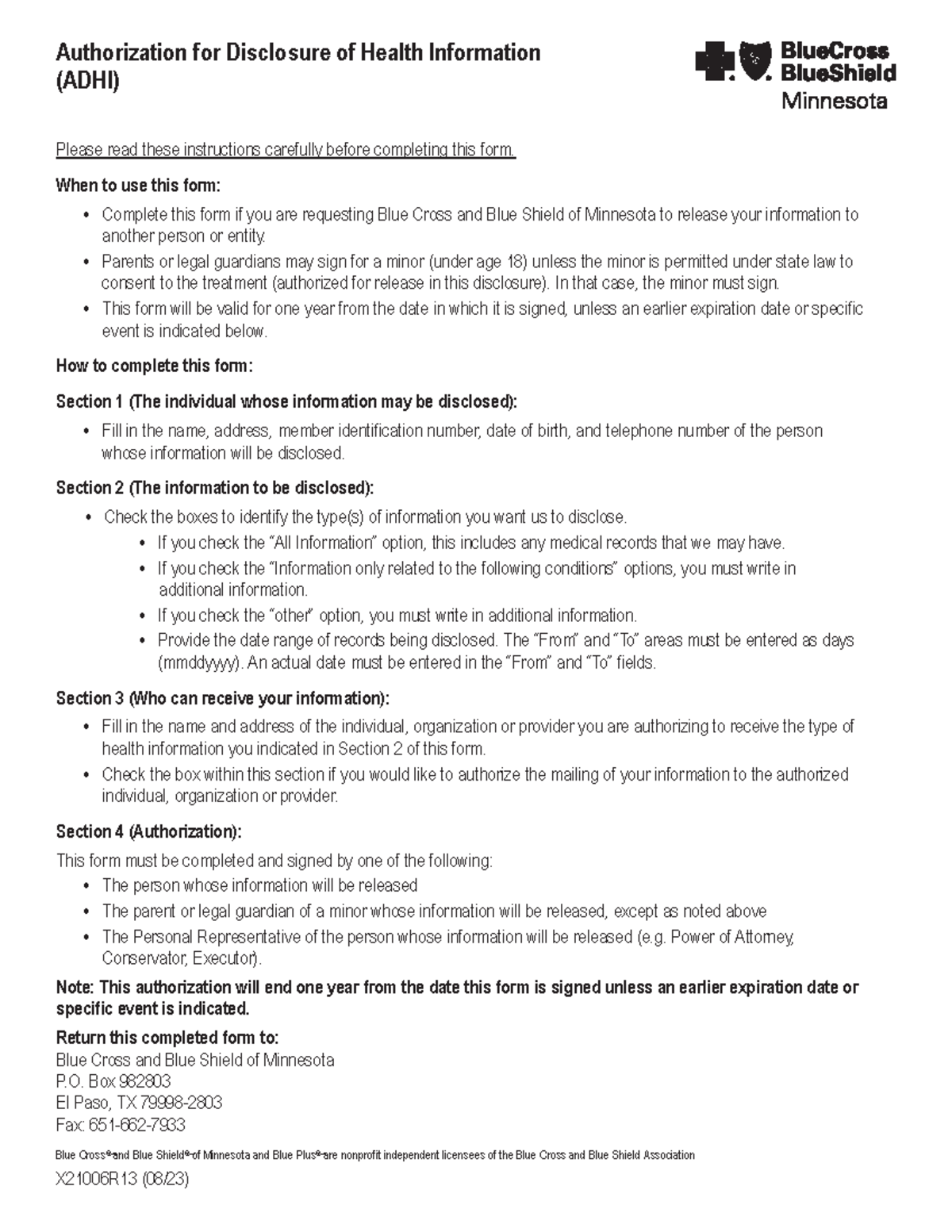 Authorization for Disclosure of Health Information - X21006R13 (08/23 ...