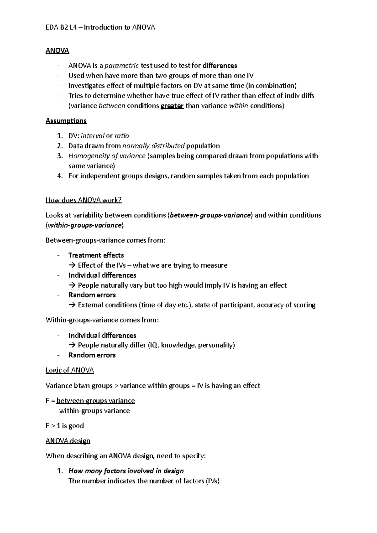 Notes L4 - Harry Mistry - EDA B2 L4 – Introduction to ANOVA ANOVA ...