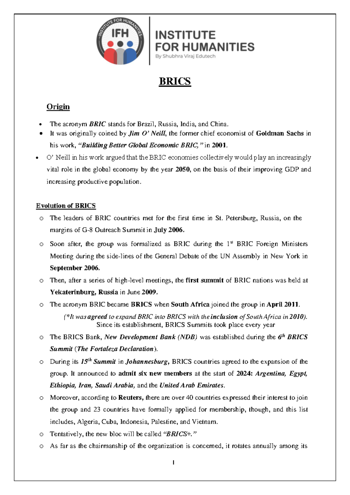 IR-18 Brics - International relations notes by unacademy - BRICS Origin ...