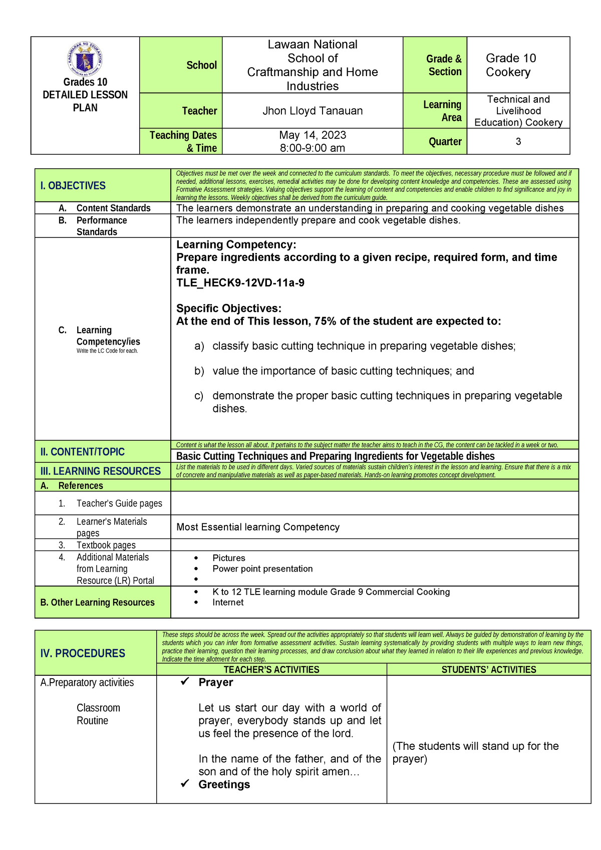 Detailed Lesson Plan(FSM) major - Grades 10 DETAILED LESSON PLAN School ...