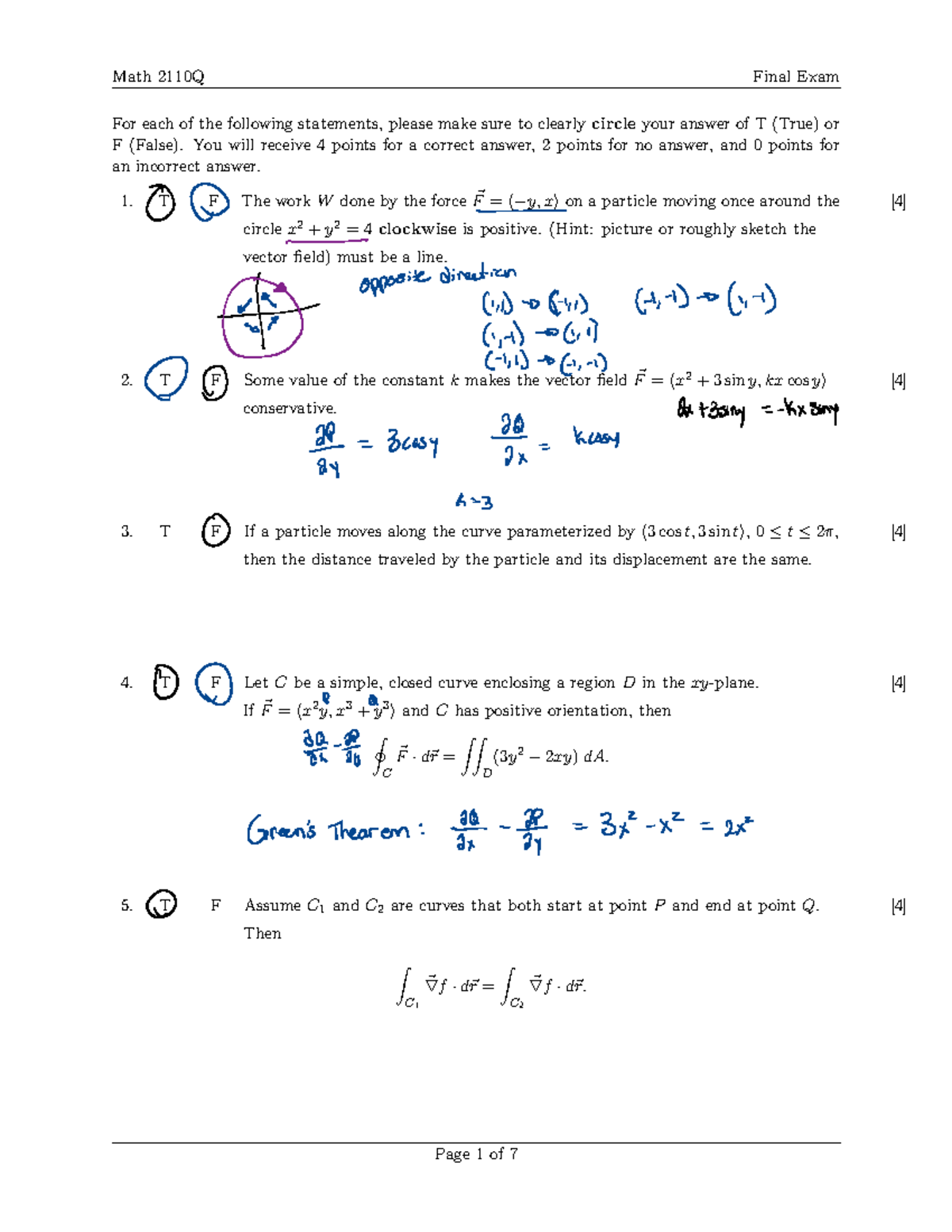 Calc 3 Exam 15 - Calc 3 Exam 15 - Math 2110Q Final Exam For each of the ...