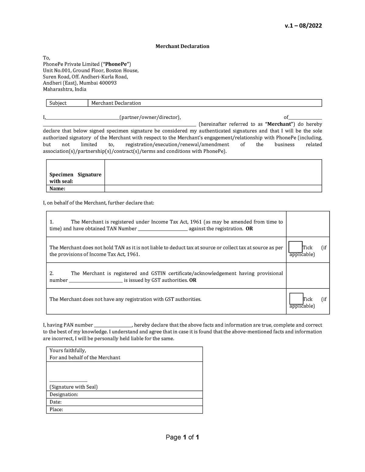 Merchant Declaration Form V 08 Page 1 Of 1 Merchant Declaration To