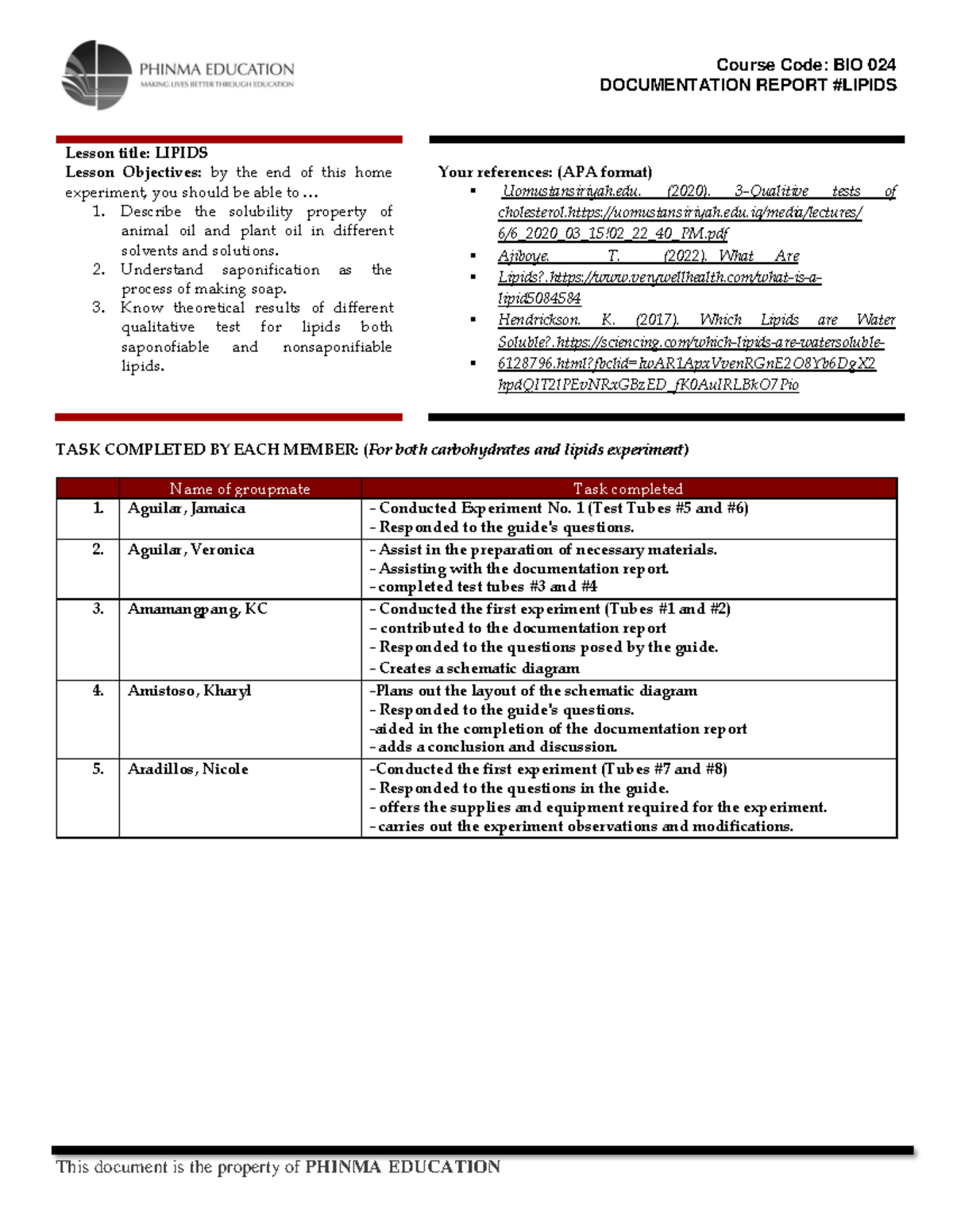 BIO 024 Group 1 - LAS 2 EXPT 3 - DOCUMENTATION REPORT #LIPIDS Lesson ...
