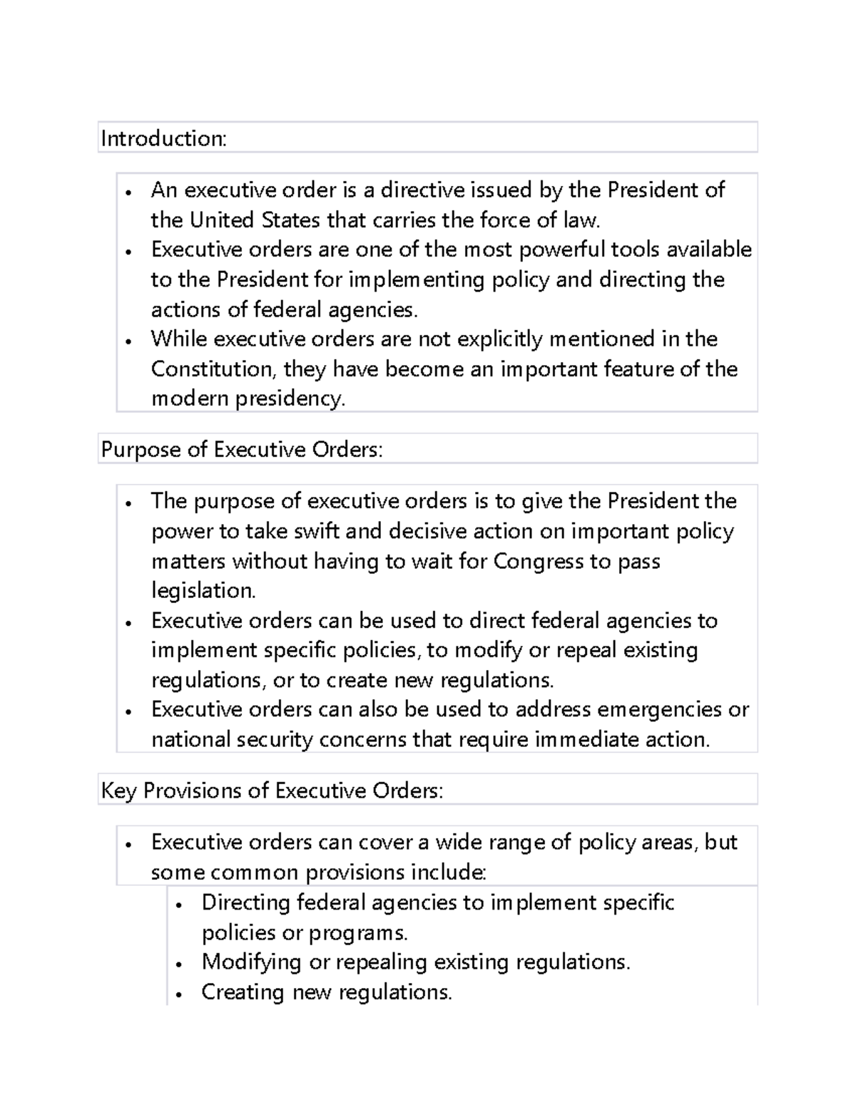 Executive Orders Notes Introduction • An executive order is a