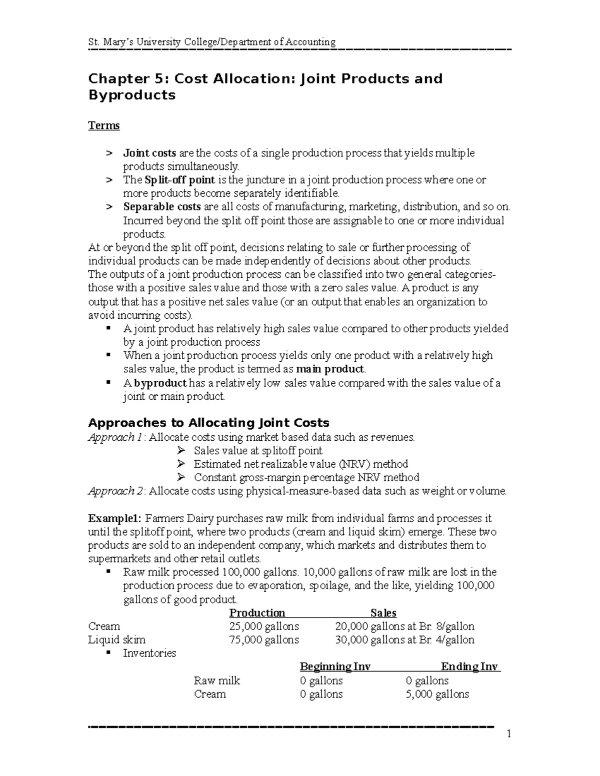 Cost I Chapter 6, Joint cost allocation Chapter 5 Cost Allocation