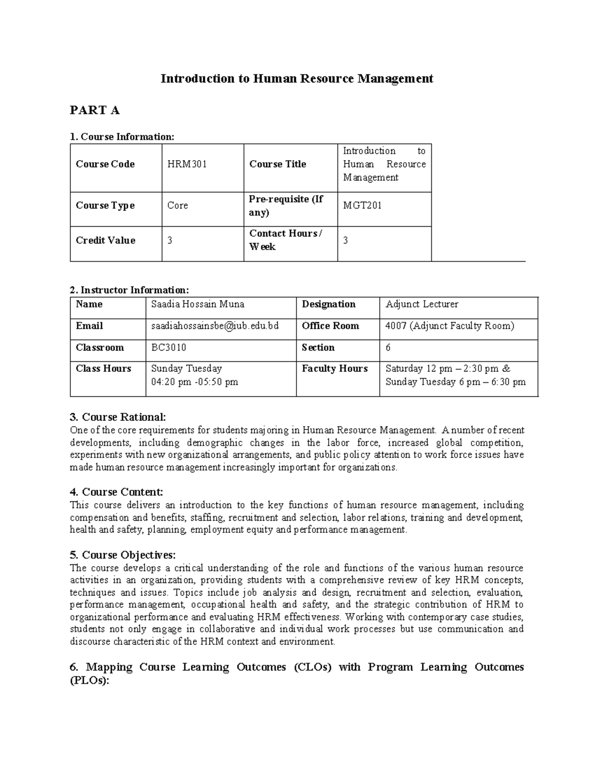 HRM301 Course Outline Autumn 2024 - Introduction to Human Resource ...