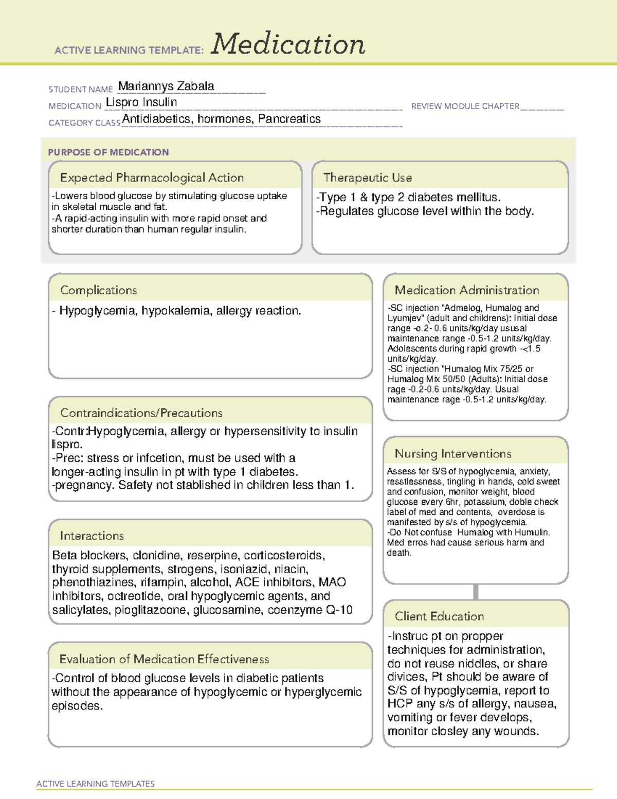 ATIMedication Template( Lispro Insulin) ACTIVE LEARNING TEMPLATES