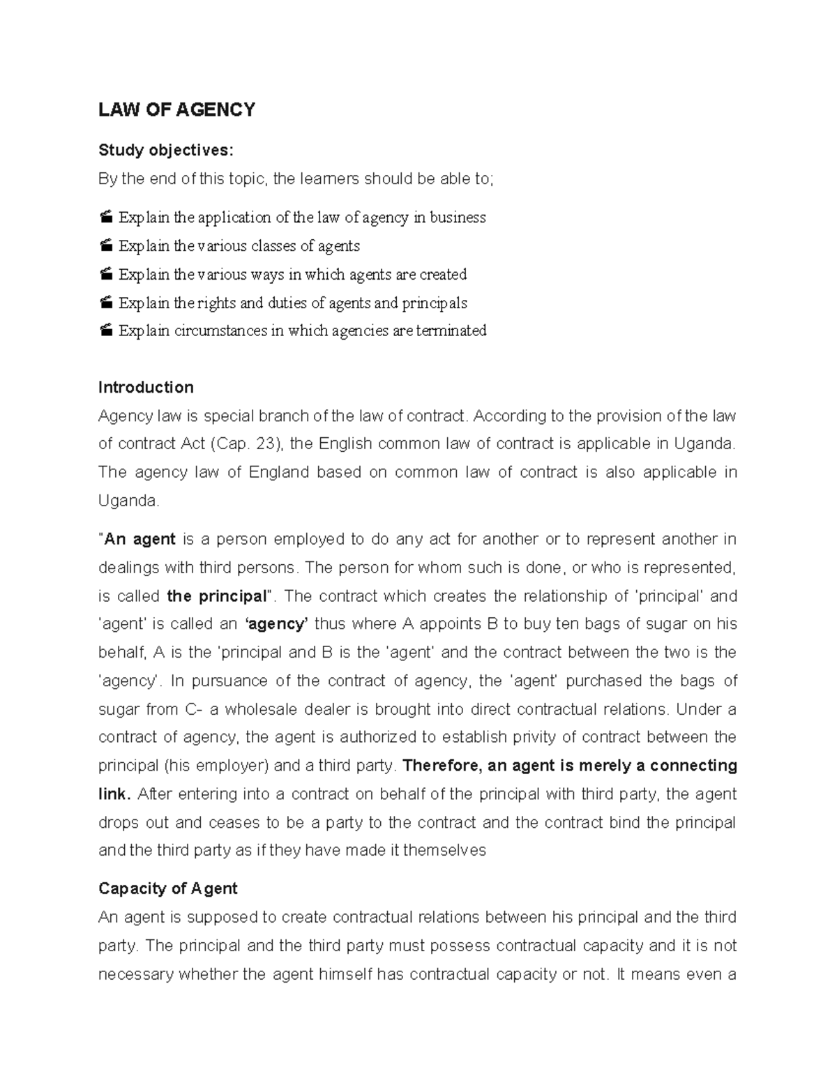 Agency Law Reading Notes 2 - LAW OF AGENCY Study Objectives: By The End ...