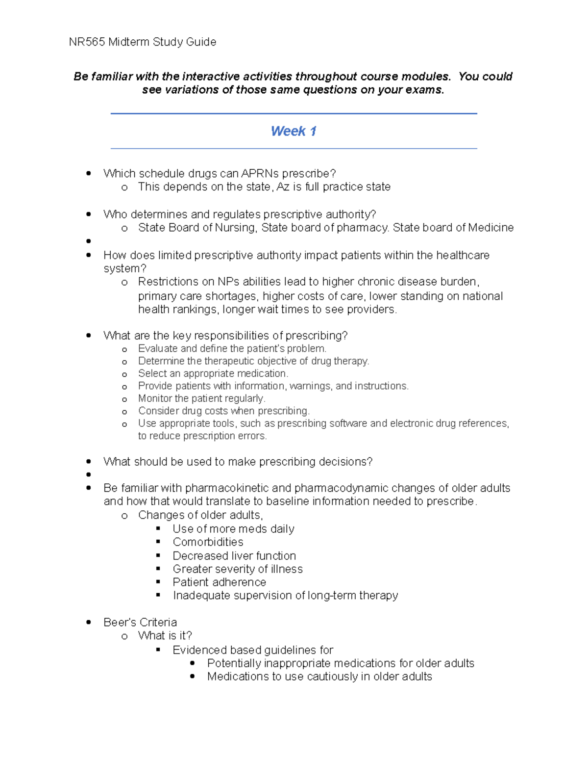 NR565 Midterm Study Guide - Be Familiar With The Interactive Activities ...