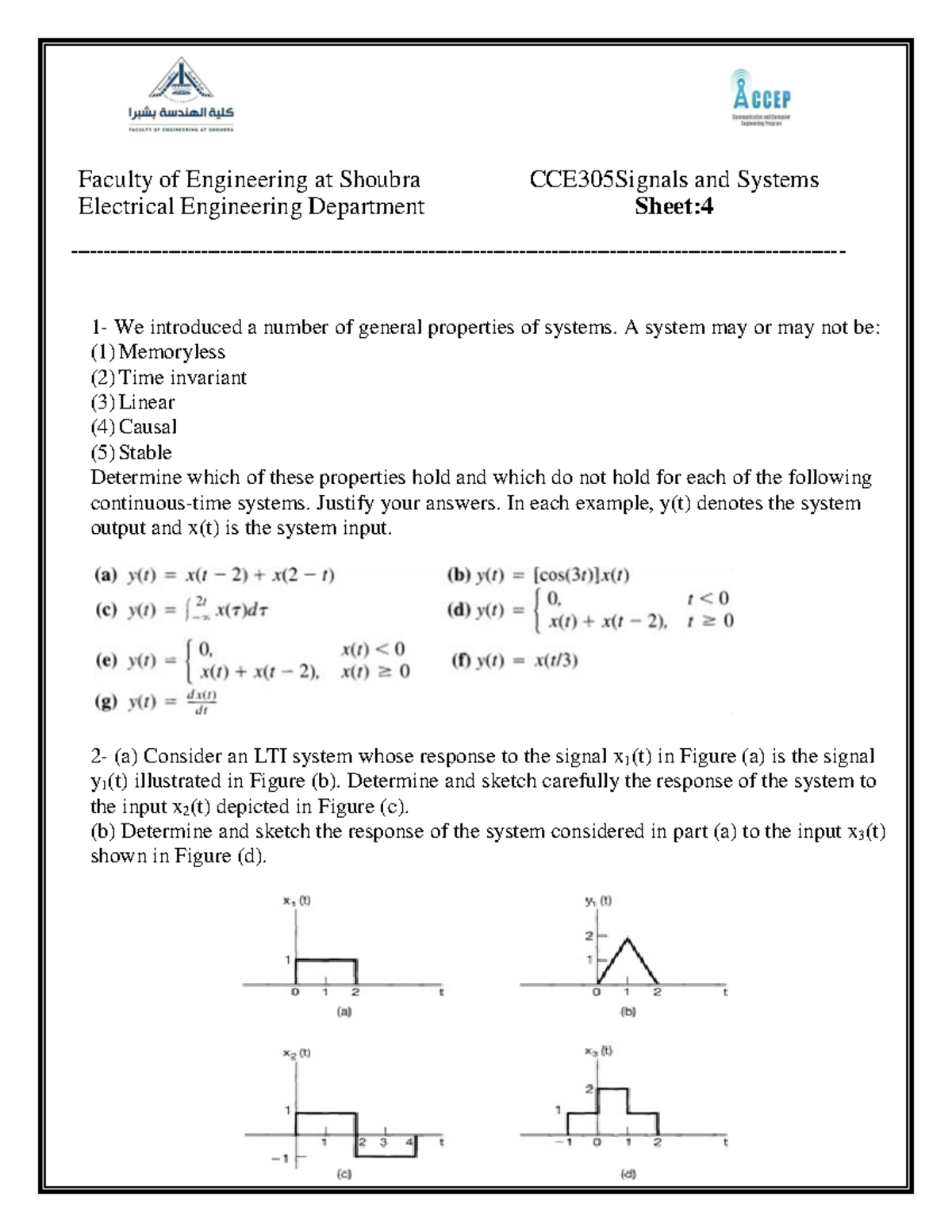 Signals sheet 4 - Faculty of Engineering at Shoubra Electrical ...