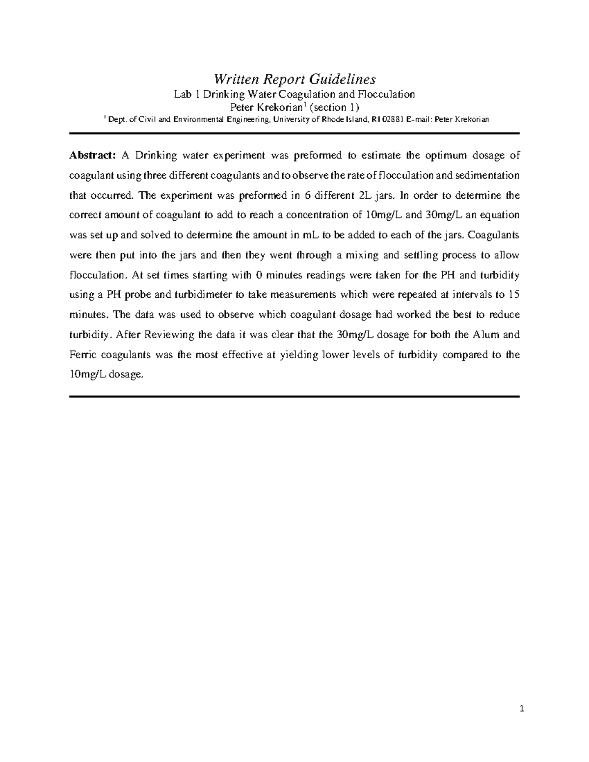 CVE375 Lab1 Krekorian - Written Report Guidelines Lab 1 Drinking Water ...