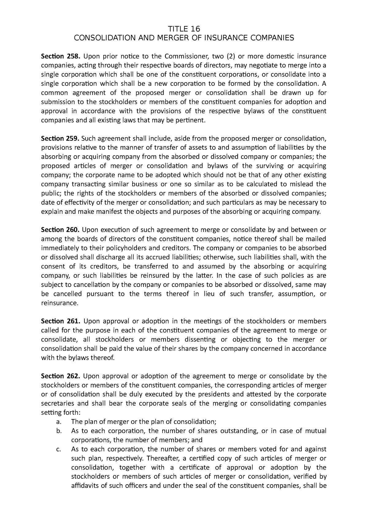 Insurance continuation Title 16 - TITLE 16 CONSOLIDATION AND MERGER OF ...