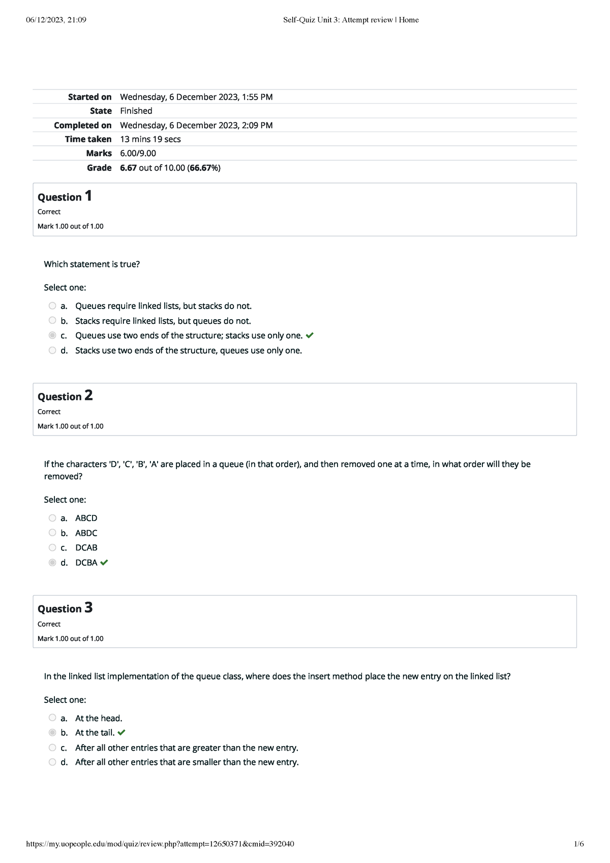 Self-Quiz Unit 3 Attempt Review Home - Started On Wednesday, 6 December ...