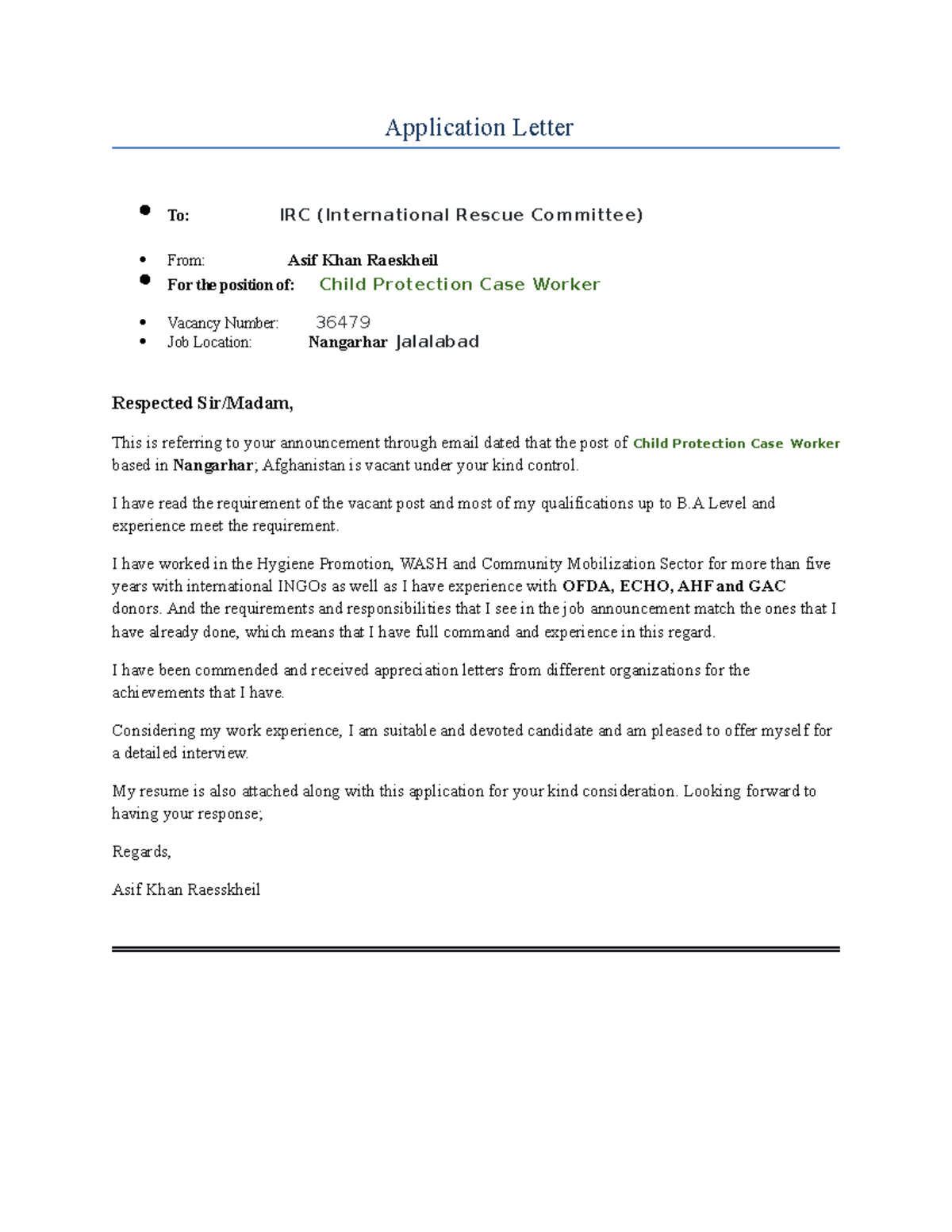 Asif Khan Raesskheil CV Child Protection Case Worker Application