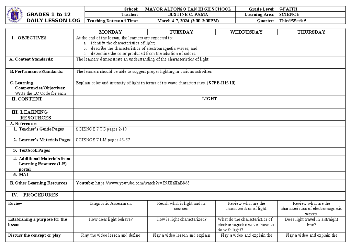 Week 5 - DLL Light - GRADES 1 to 12 DAILY LESSON LOG School: MAYOR ...