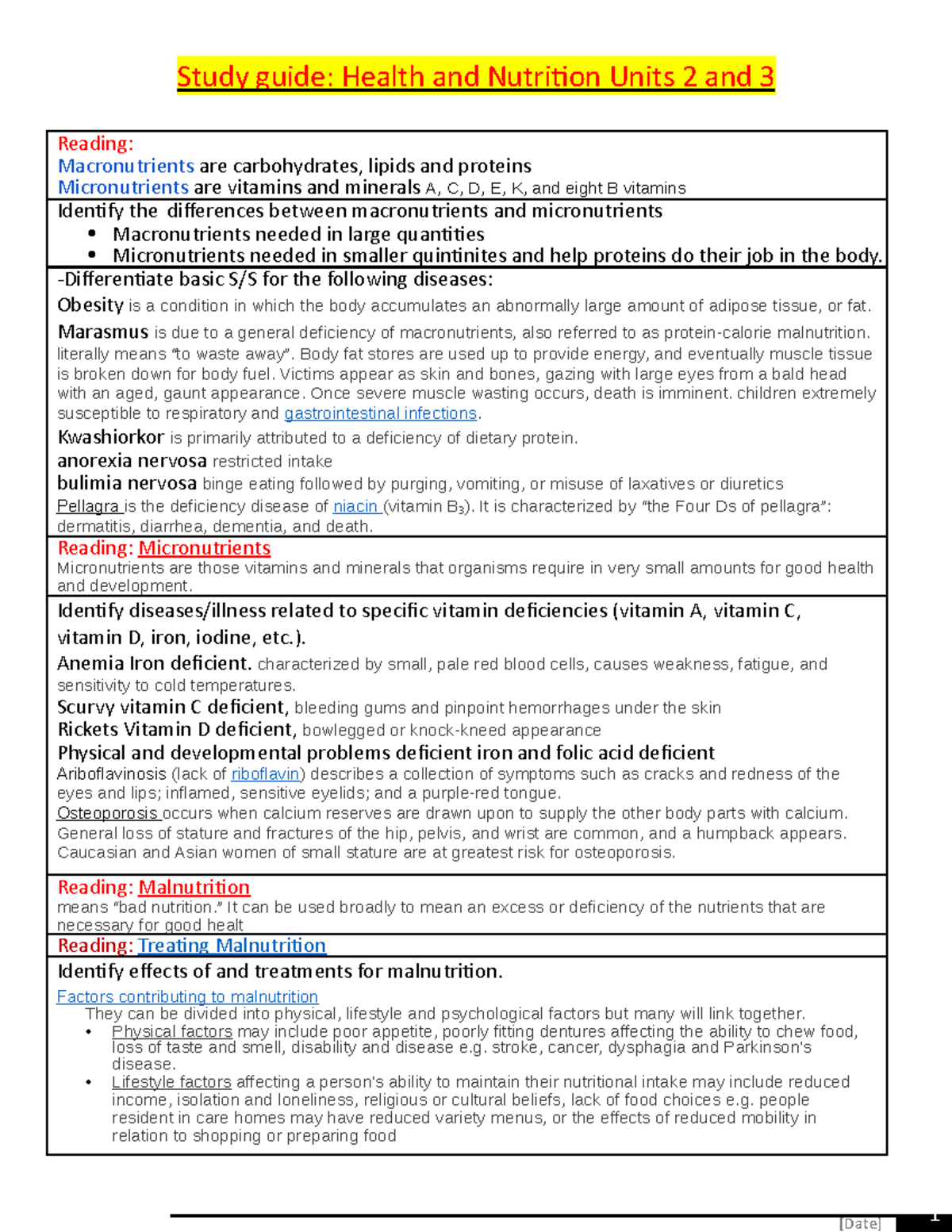 Nutrition Study Guide.docx - [Date] Study Guide: Health And Nutrition ...