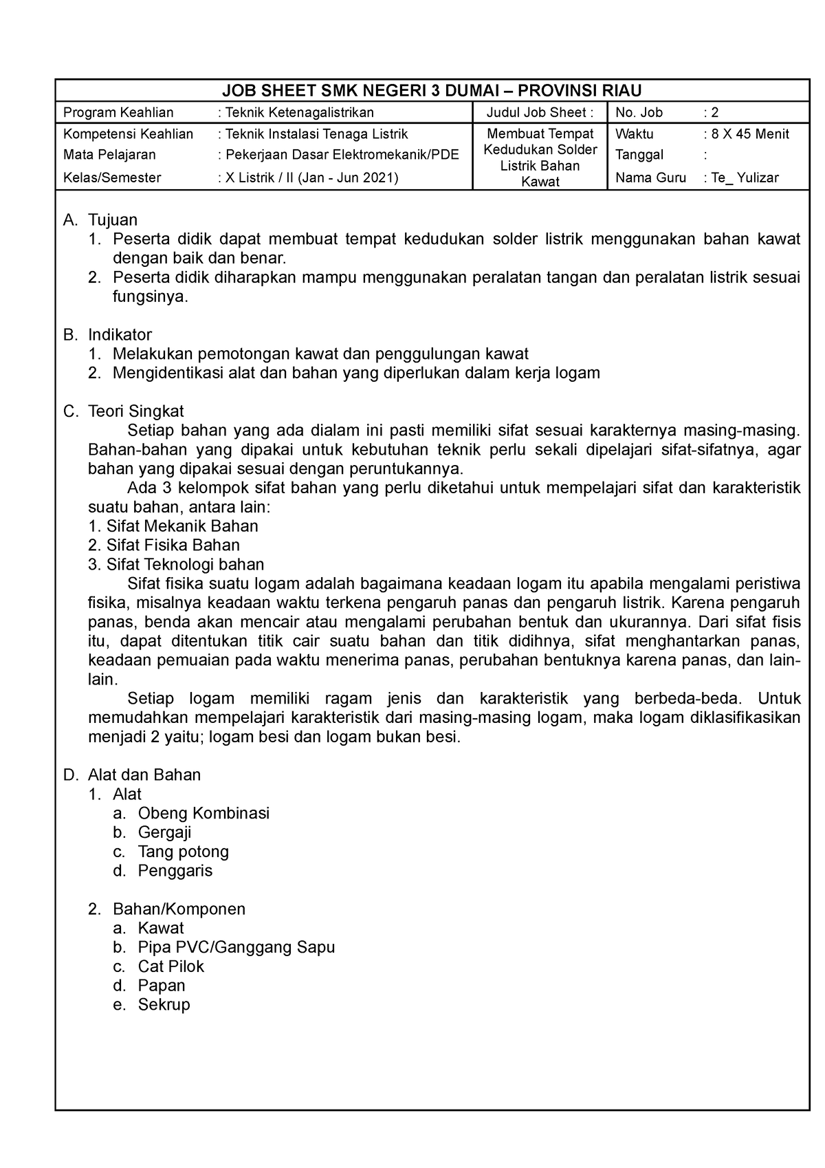 Jobsheet PDE Kawat - Pekerjaan Dasar Elektro - JOB SHEET SMK NEGERI 3 ...