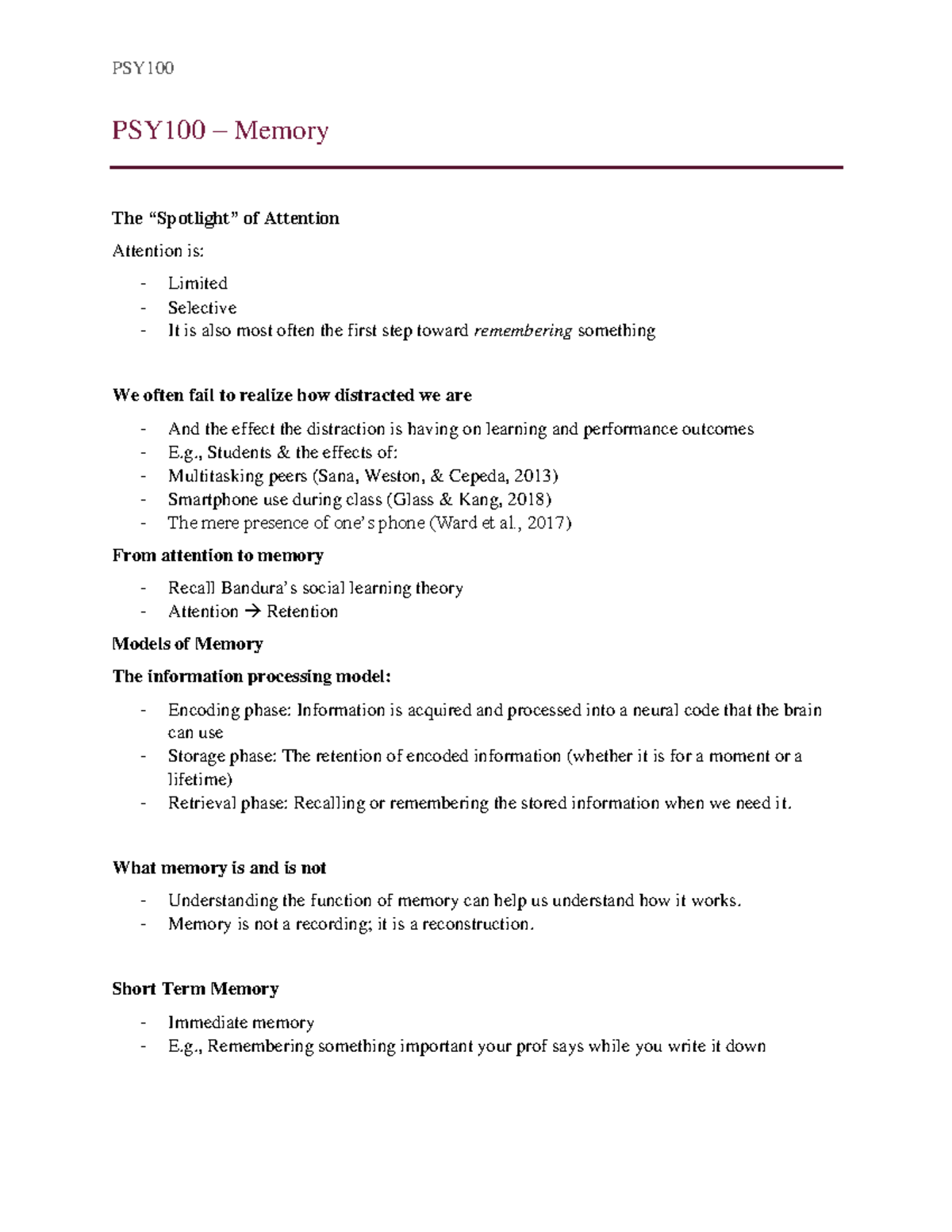 PSY100 Memory - PSY PSY100 – Memory The “Spotlight” of Attention ...