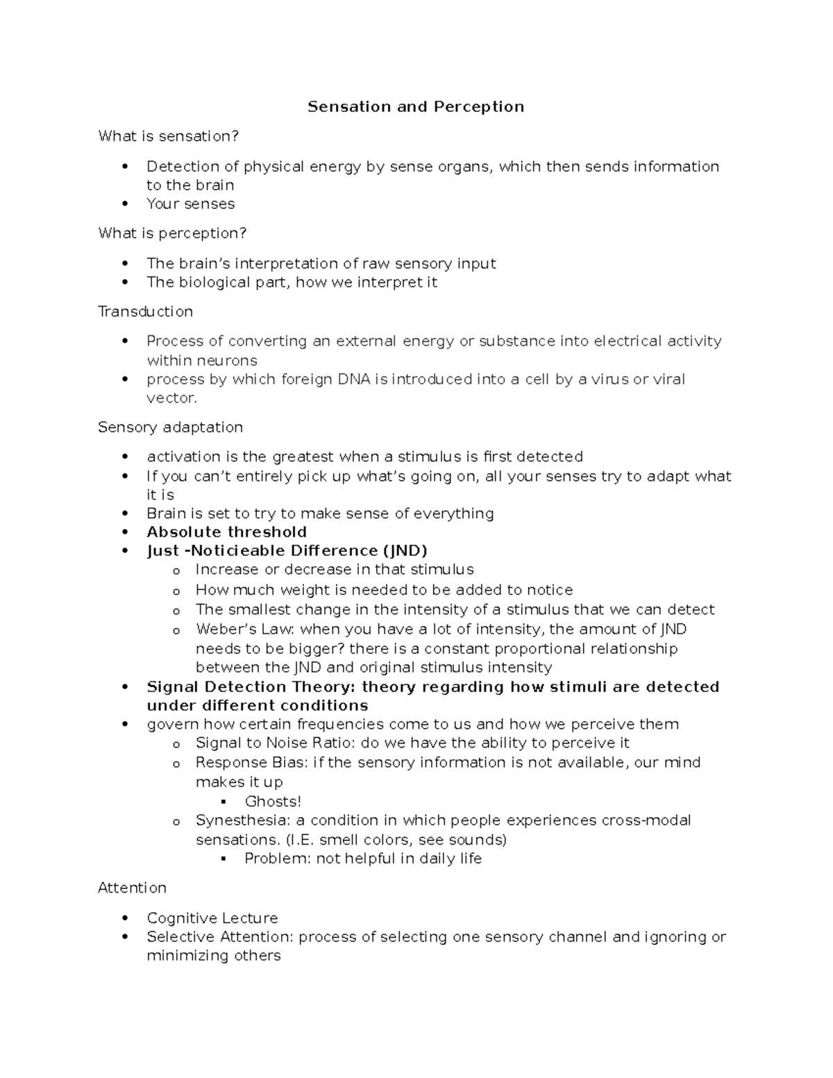 Lecture 4 - Notes - Sensation and Perception What is sensation ...