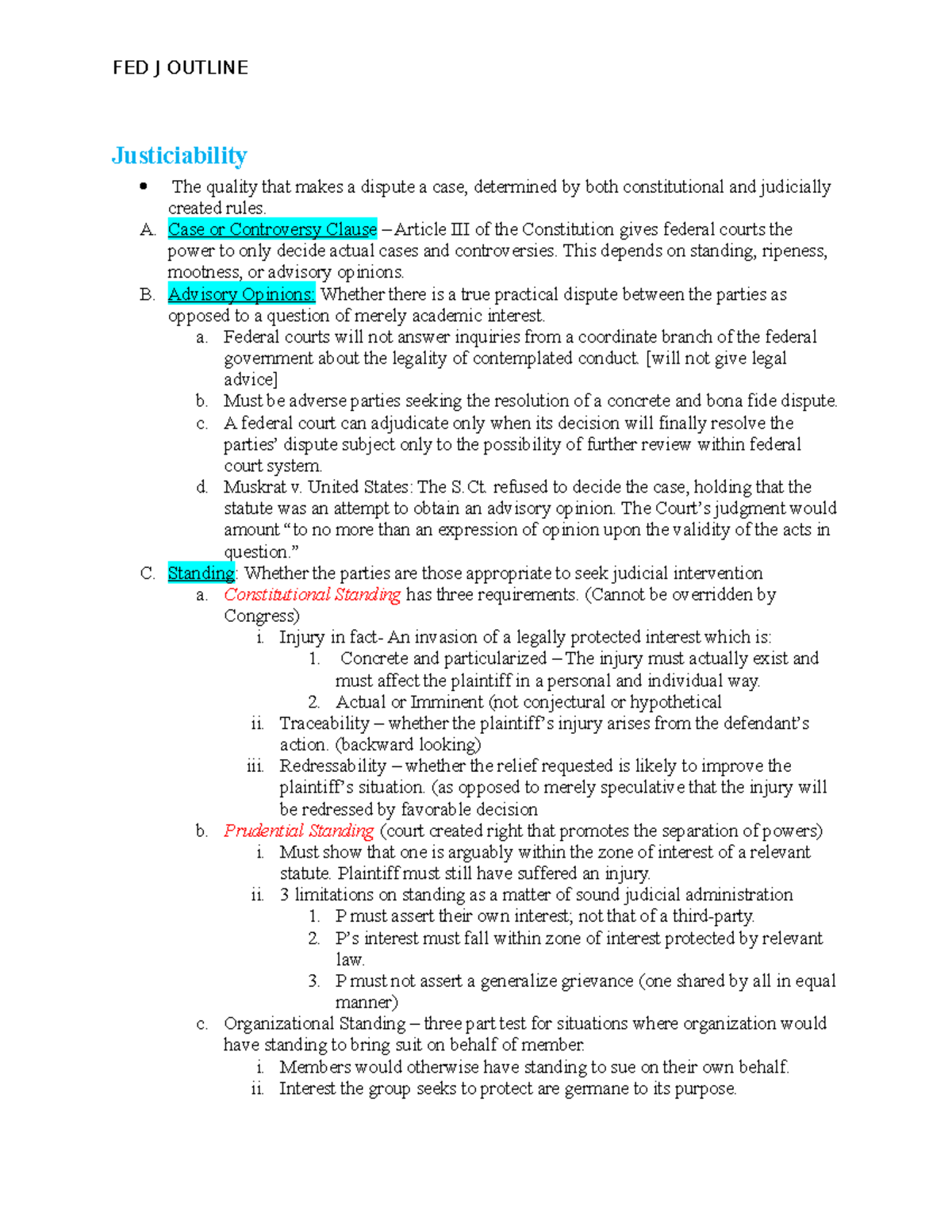 FED J Outline - notes - Justiciability The quality that makes a dispute ...
