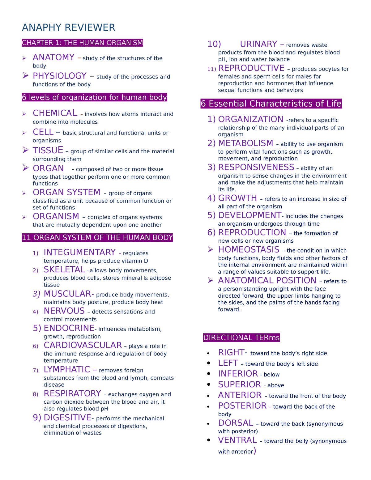 Anaphy Reviewer - NOTES - ANAPHY REVIEWER CHAPTER 1: THE HUMAN ORGANISM ...