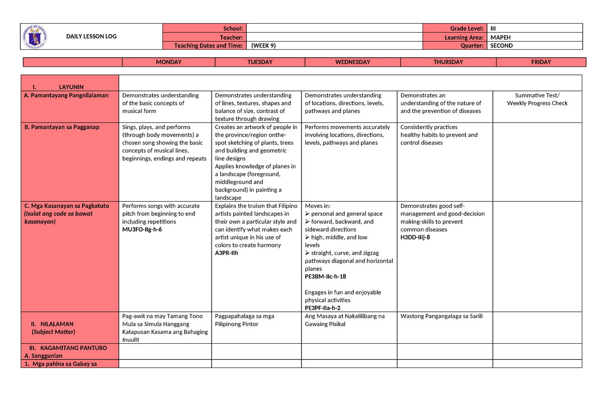 DLL Mapeh 3 Q2 W9 - Lesson Paln - DAILY LESSON LOG School: Grade Level ...