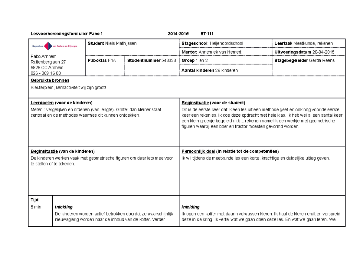 Lesvoorbereidingsformulier rekenen, meetkunde