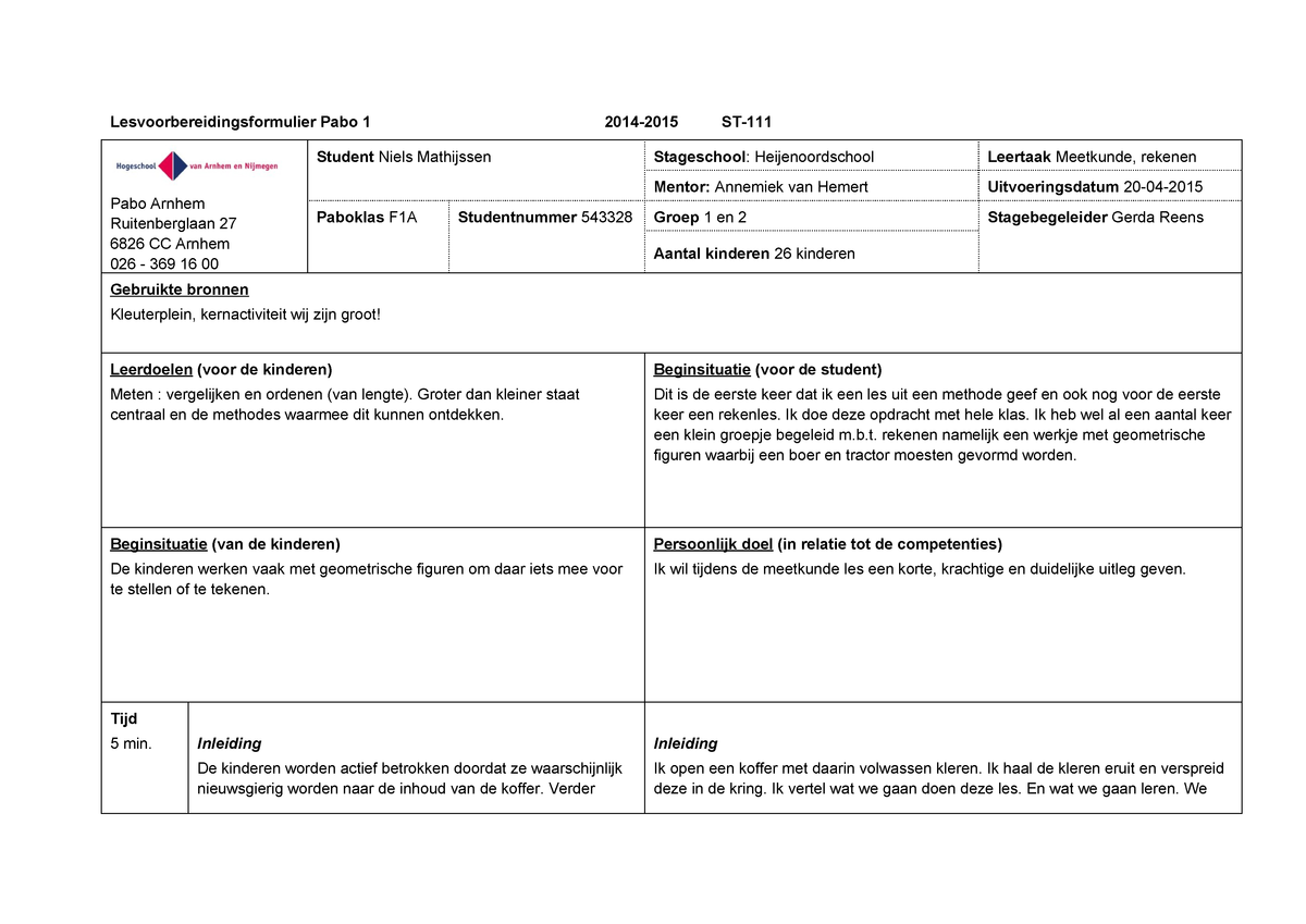 Verwonderend Lesvoorbereidingsformulier rekenen, meetkunde - Pabo han - StudeerSnel JY-33