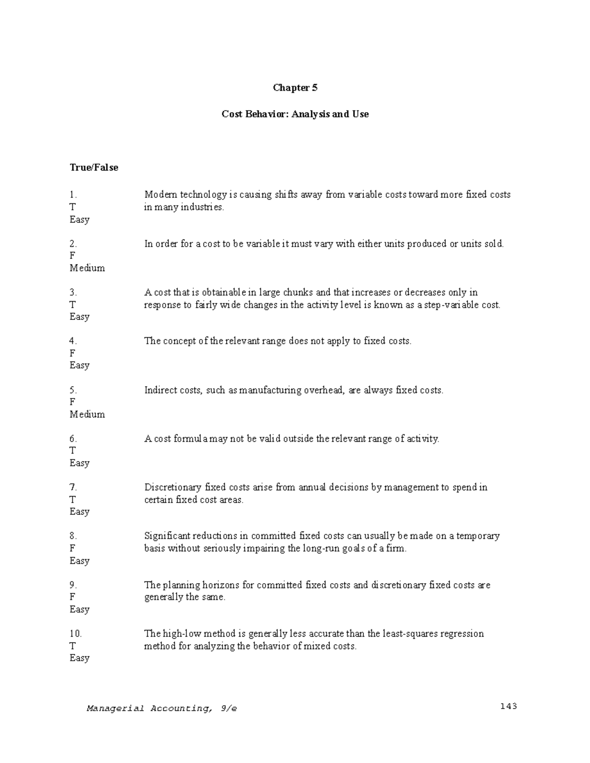 Test Bank Chapter 5 Cost Behavior Analysis - Chapter 5 Cost Behavior ...