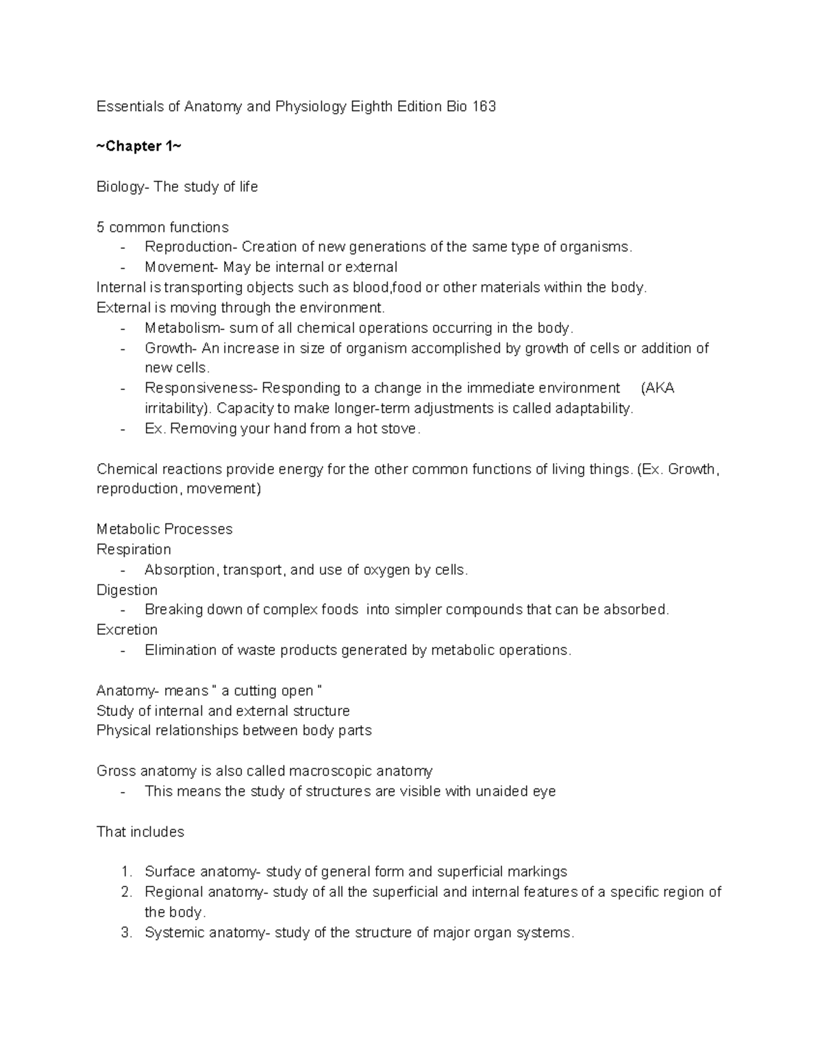 Bio 163 Notes - This is chapter 1 of the Basic Anatomy and Physiology ...