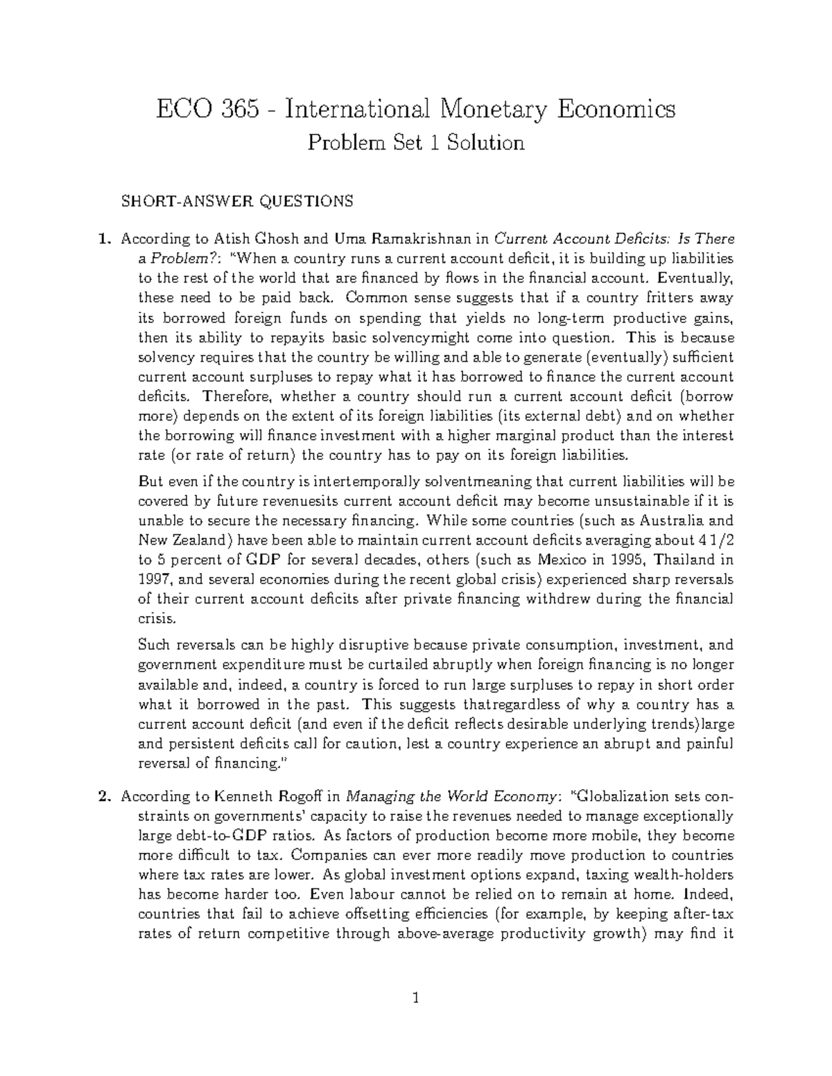 PS1 solution - ECO 365 - International Monetary Economics Problem Set 1 ...