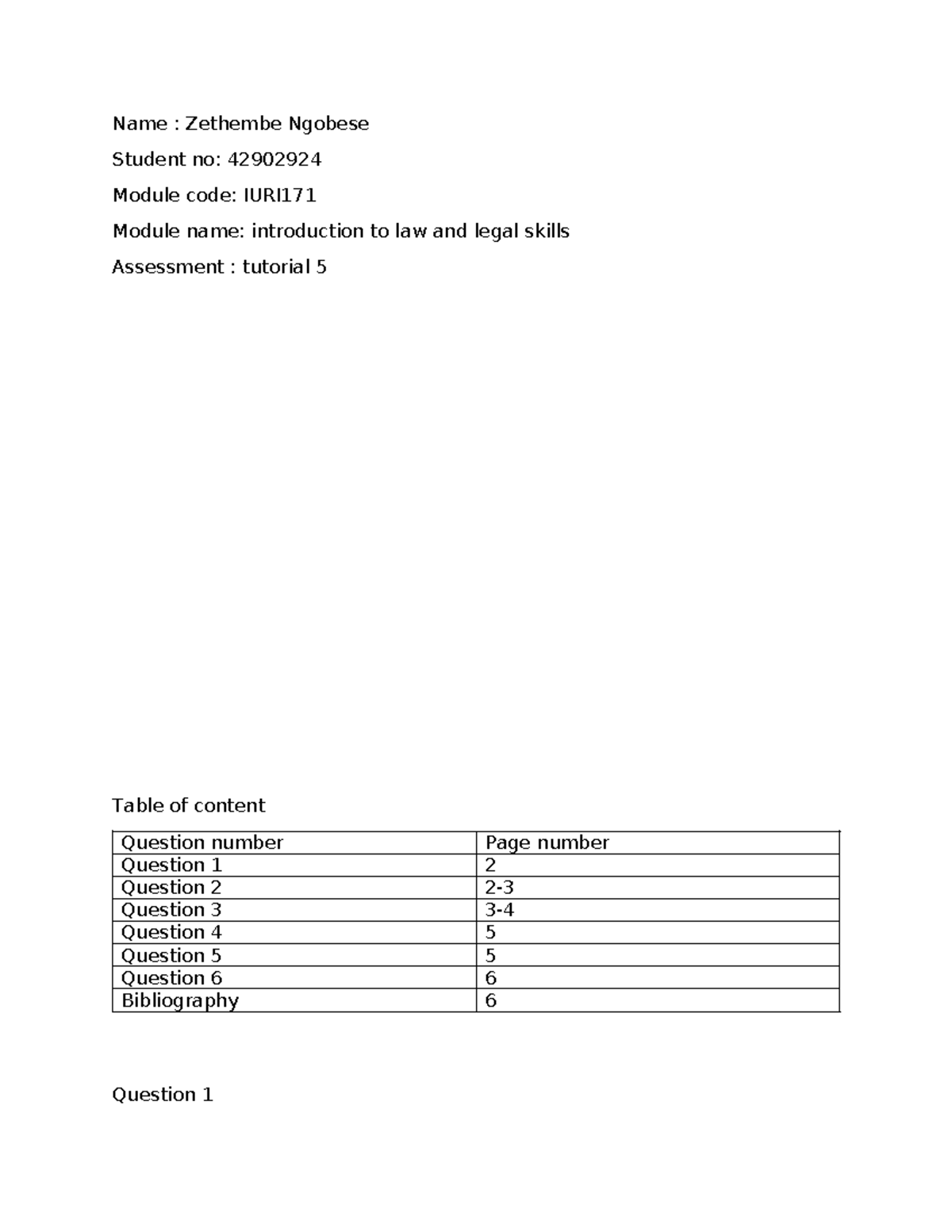 Document 1 Tutorial 5 - study unit 5 - Name : Zethembe Ngobese Student ...