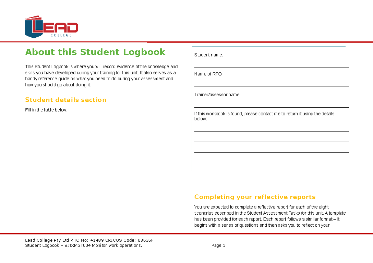 56. Sitxmgt 004 Student Logbook About this Student Logbook This