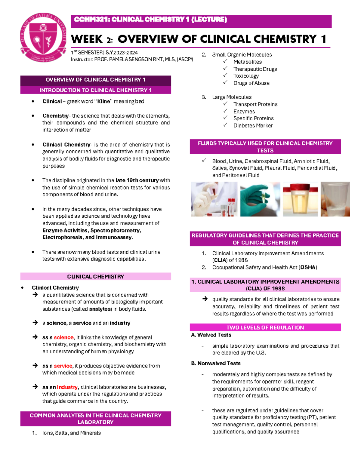 Copy of CCHM321 LEC (PMF) - CCHM3 2 1: CLINICAL CHEMISTRY 1 (LECTURE ...