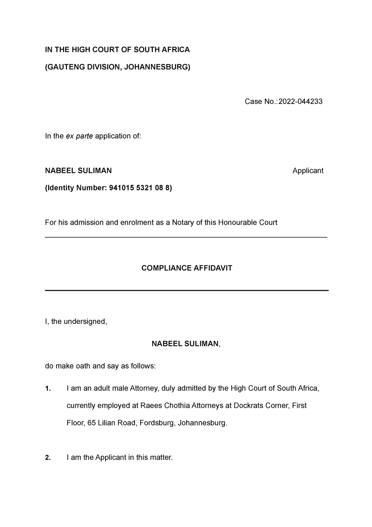 Compliance affidavit Notary - IN THE HIGH COURT OF SOUTH AFRICA ...