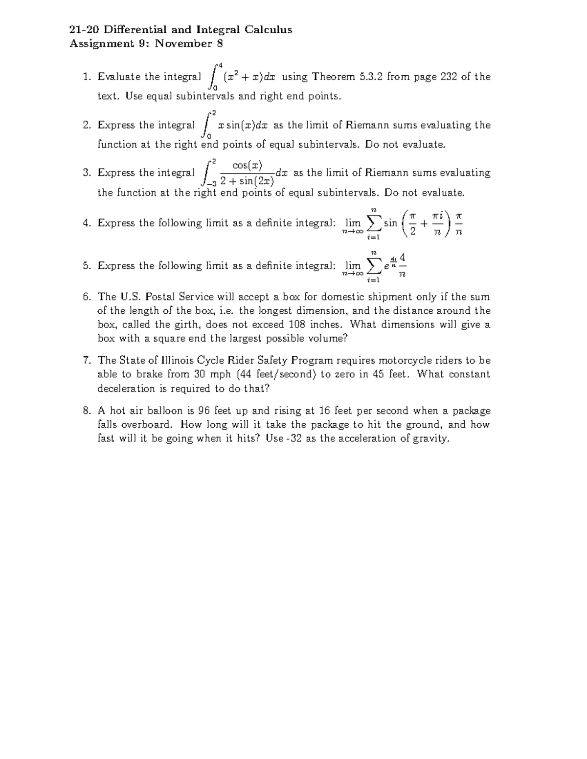 Assign 9and10 problem set 2120 Differential and Integral Calculus Assignment 9 November 8