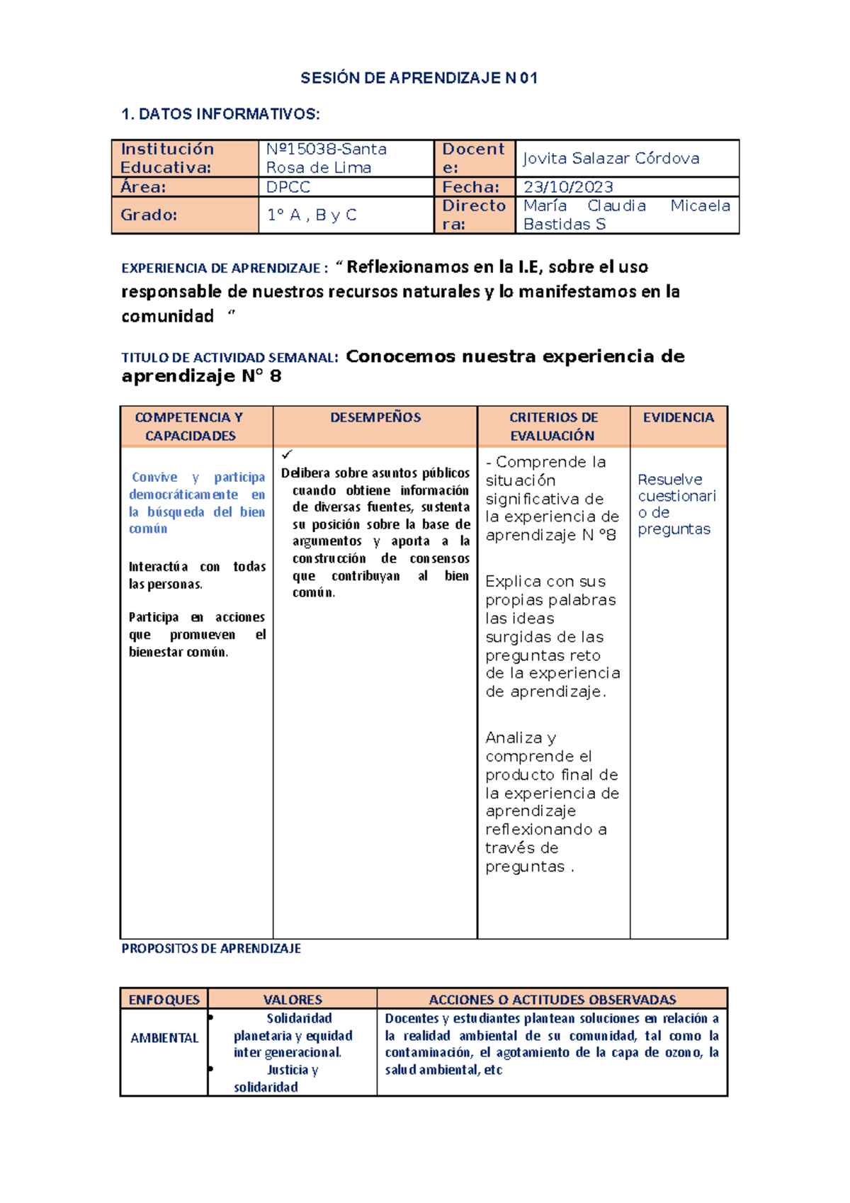 Sesión De Aprendizaje N 01 Dpcc Exp 08 SesiÓn De Aprendizaje N 01 1