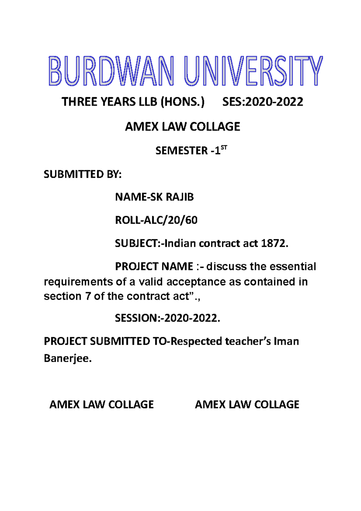 Complete Project OF Acceptance - THREE YEARS LLB (HONS.) SES:2020- AMEX ...