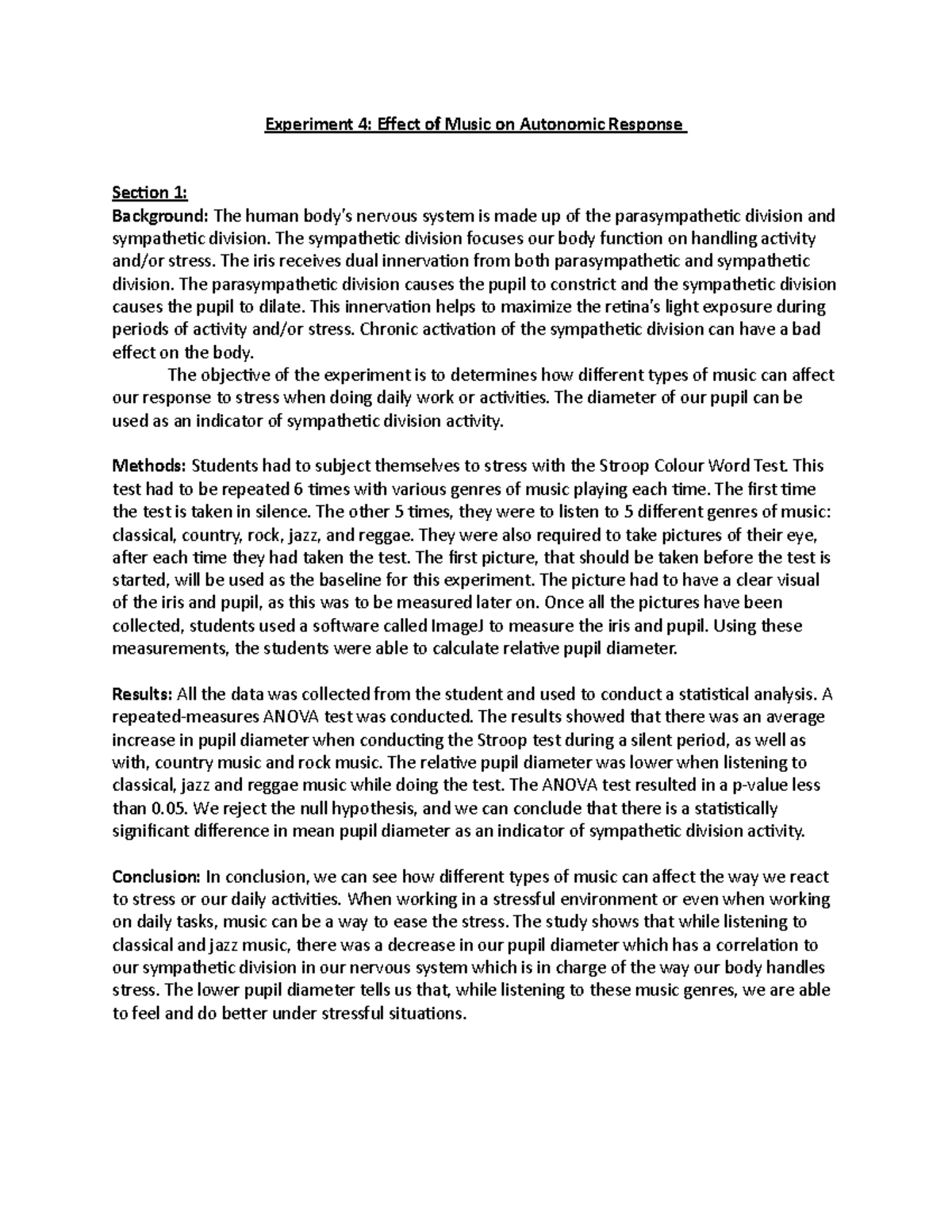 Experiment 4 - Effect of Music on Autonomic Response - The sympathetic ...