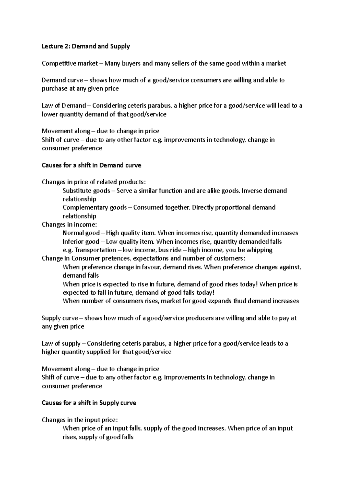 Lecture 2 - Econ work - Lecture 2: Demand and Supply Competitive market ...