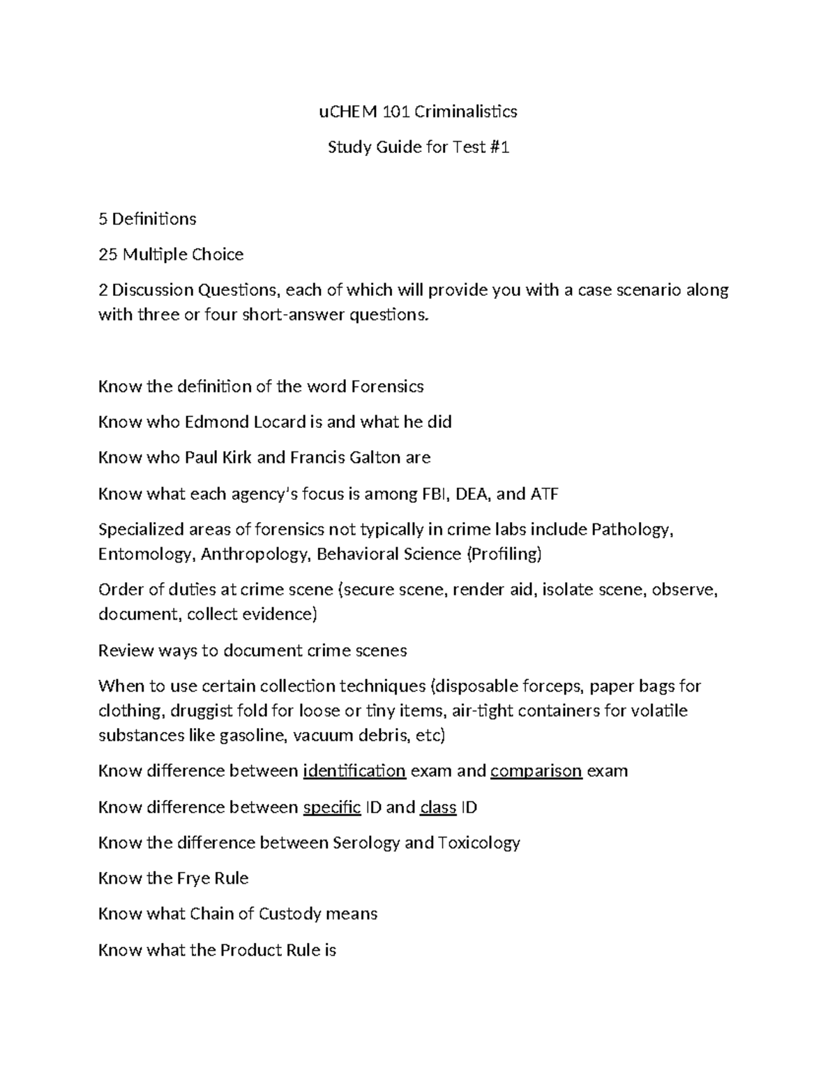 Study Guide for Test #1 - uCHEM 101 Criminalistics Study Guide for Test ...