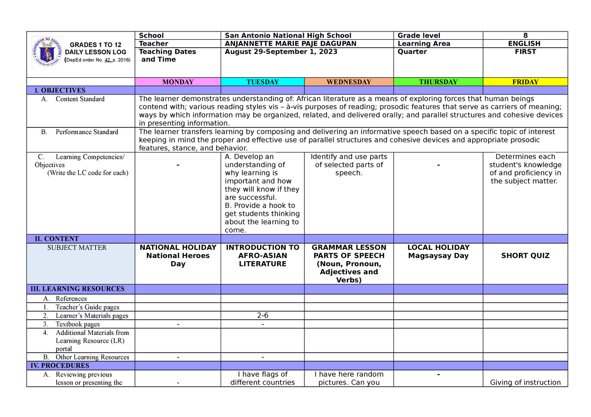 DLL Q1-W1 - Lesson Plan. First Week - GRADES 1 TO 12 DAILY LESSON LOG ...