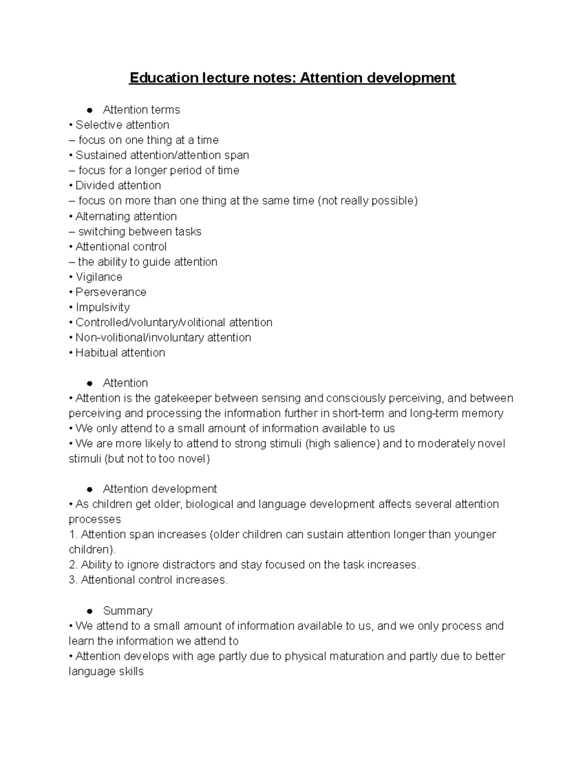 Education lecture notes Attention development - Ability to ignore ...