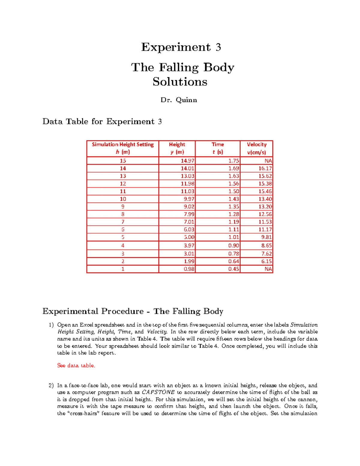 Exp3Solutions - The Falling Body Solutions - Experiment 3 The Falling ...