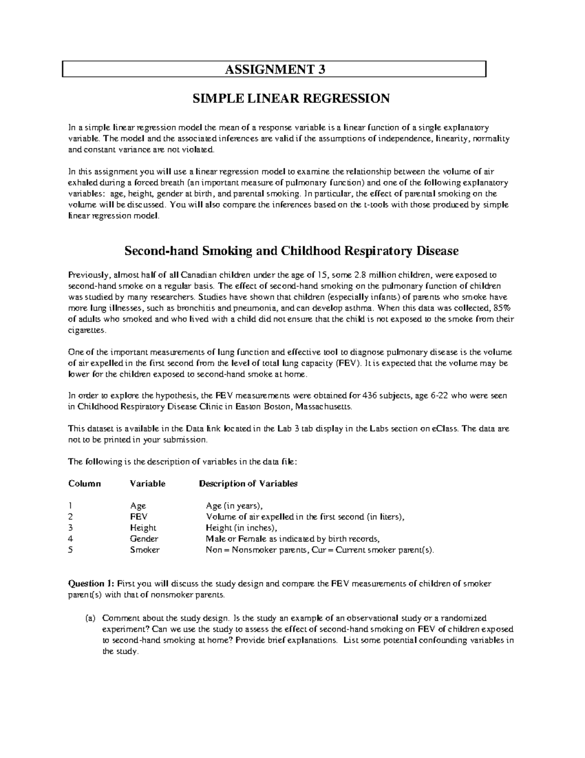 As 3 Winter 2023 - ASSIGNMENT 3 SIMPLE LINEAR REGRESSION In a simple ...