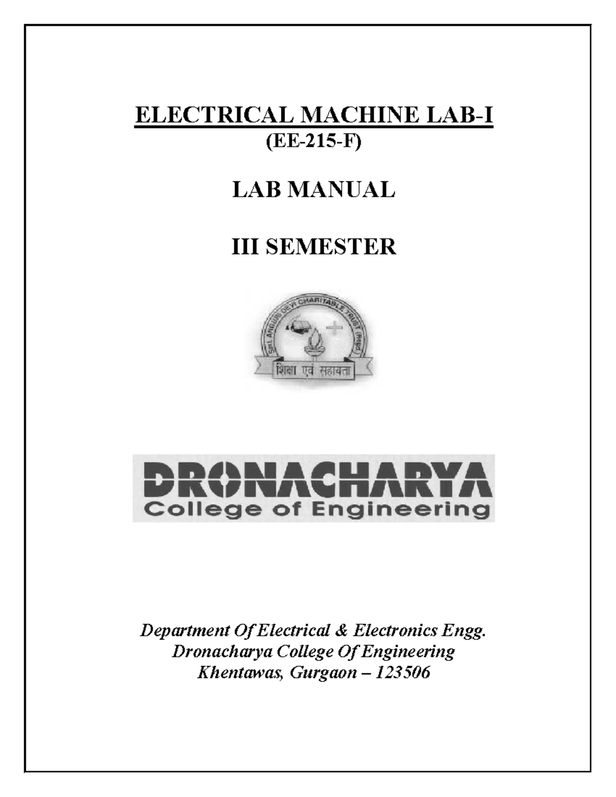EM Manual ELECTRICAL MACHINE LABI (EE215F) LAB MANUAL III SEMESTER